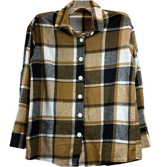 SHEIN Tops - SHEIN Women's LUNE Button Front Plaid‎ Print Drop Shoulder Shirt AN3 Brown Small